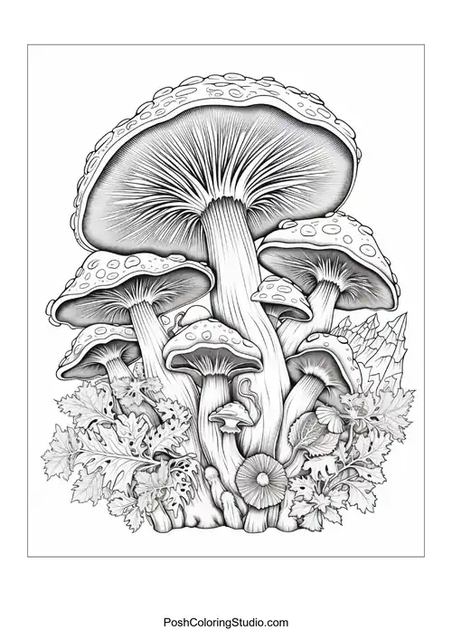 Mushrooms with intricate details and whimsical elements.