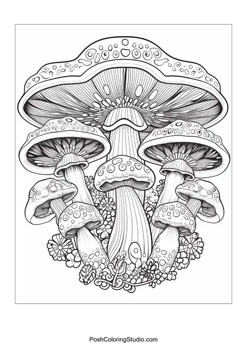 Three large mushrooms with intricate patterns and surrounding foliage.