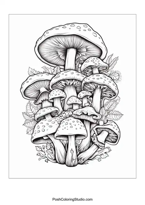 Cluster of mushrooms with varying sizes and leafy accents.