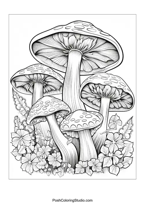 Five mushrooms with spots and surrounded by flowers.