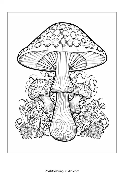 Single large mushroom with two smaller ones and swirling designs.