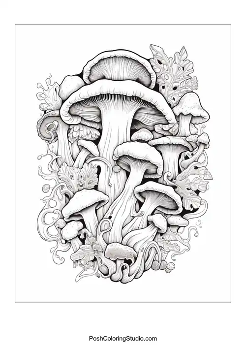 Group of mushrooms with flowing lines and organic shapes.