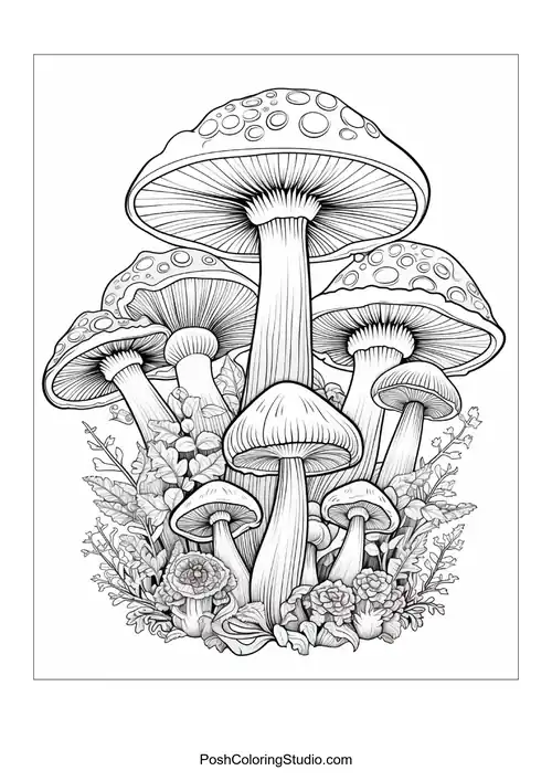 Six mushrooms with distinct caps and floral elements.