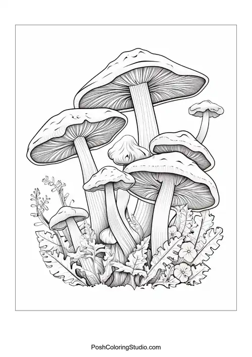 Five mushrooms with broad caps and leafy surroundings.