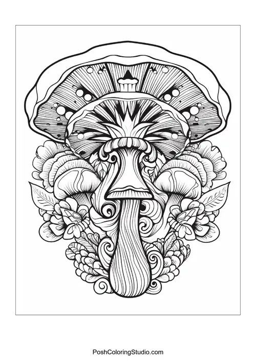 Mushroom with a face-like design and floral patterns.