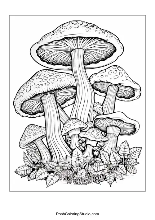 Mushrooms with intricate patterns and a variety of shapes.