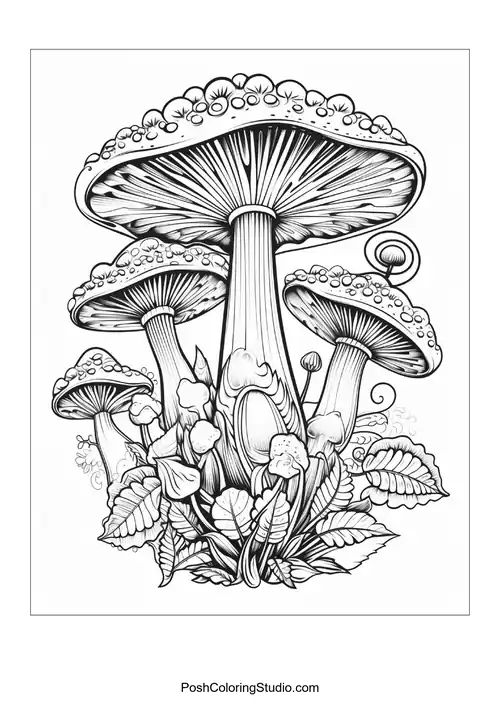 Mushrooms with dotted caps and leafy details.