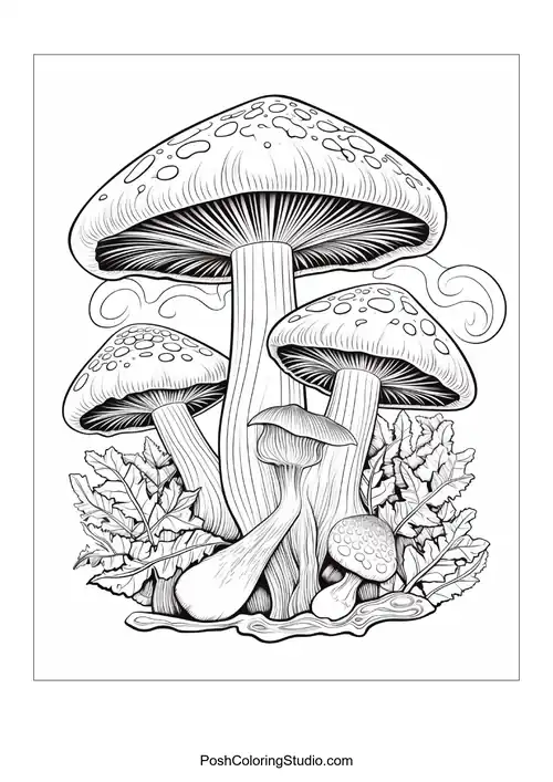 Mushrooms with swirling designs and floral accents.