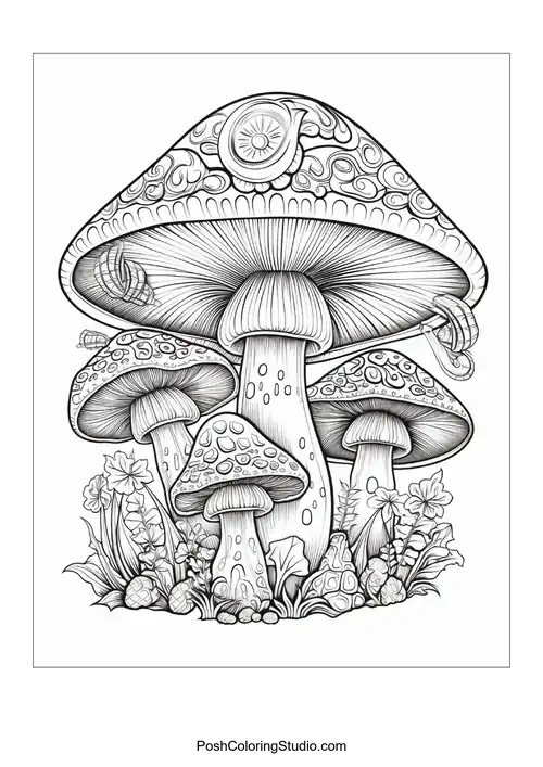 Mushrooms with varied cap shapes and surrounding foliage.