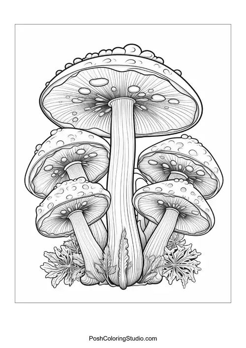 Five mushrooms with detailed gills and leaves around them.