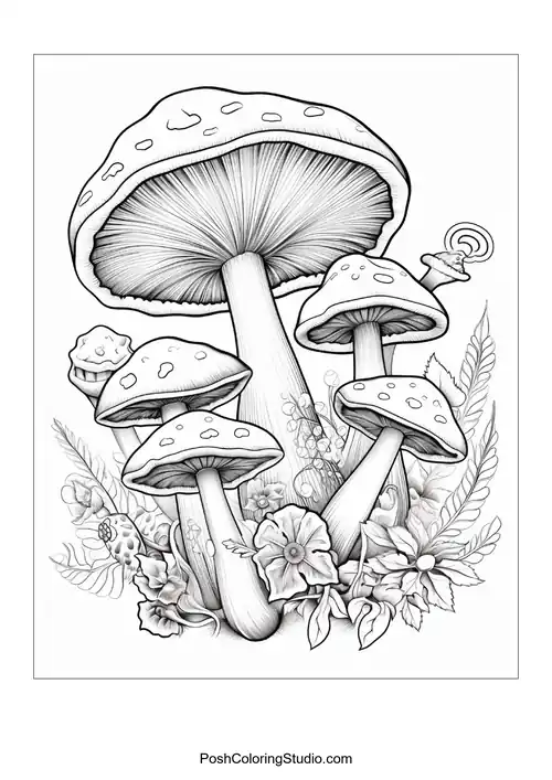 Mushrooms with large caps and decorative elements.