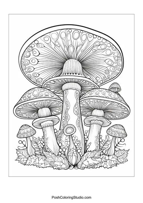 Mushrooms with unique shapes and surrounding plants.