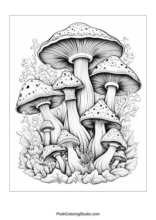 Mushrooms with varied sizes and intricate patterns.