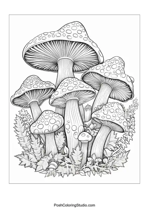 Mushrooms with broad caps and intricate details.