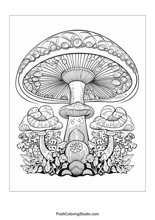 Mushrooms with unique caps and surrounding foliage.