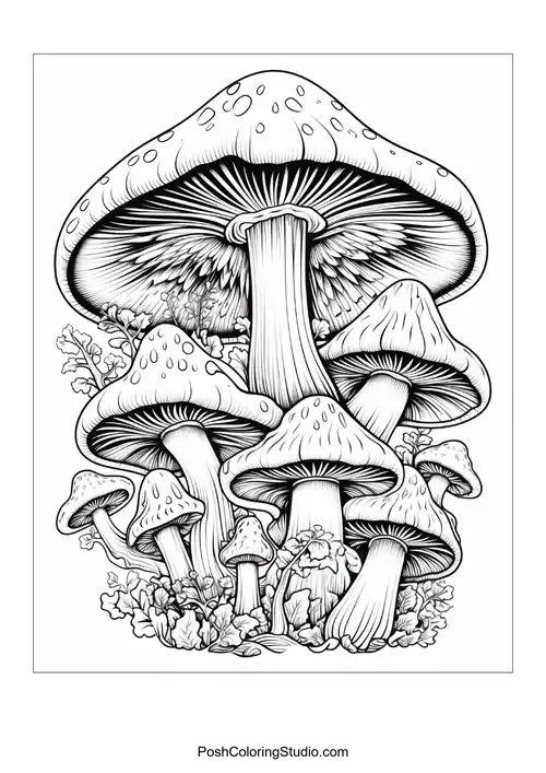 Mushrooms with unique caps and surrounding plants.
