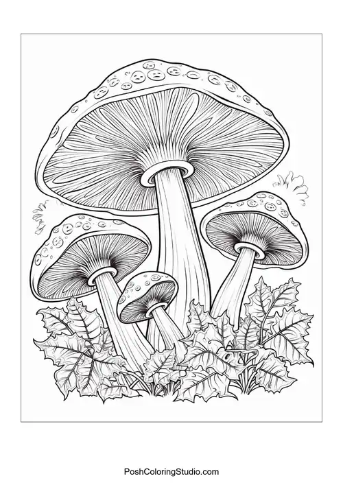 Mushrooms with broad caps and intricate patterns.
