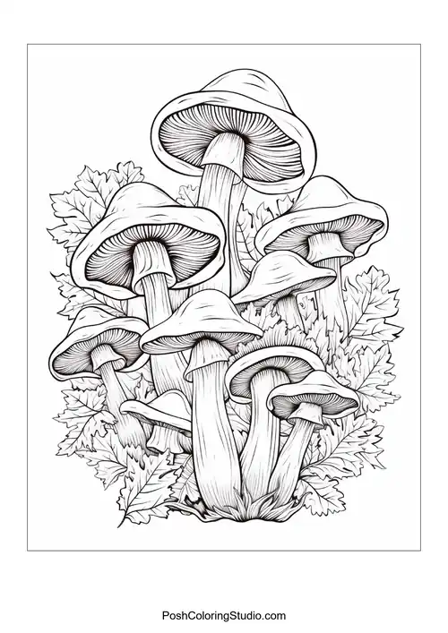 Mushrooms with varied shapes and surrounding foliage.