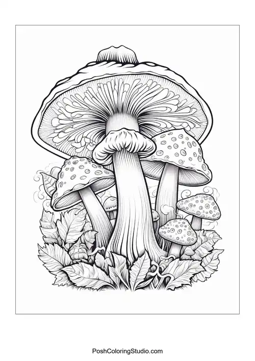 Mushrooms with decorative patterns and surrounding plants.