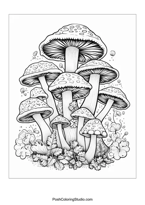 Mushrooms with swirling designs and intricate details.