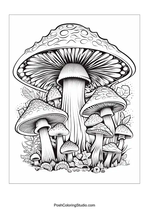 Mushrooms with various shapes and surrounding foliage.