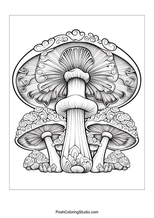 Mushrooms with detailed caps and whimsical elements.