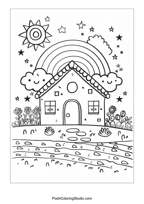 A house with a rainbow, sun, and flowers in the foreground.