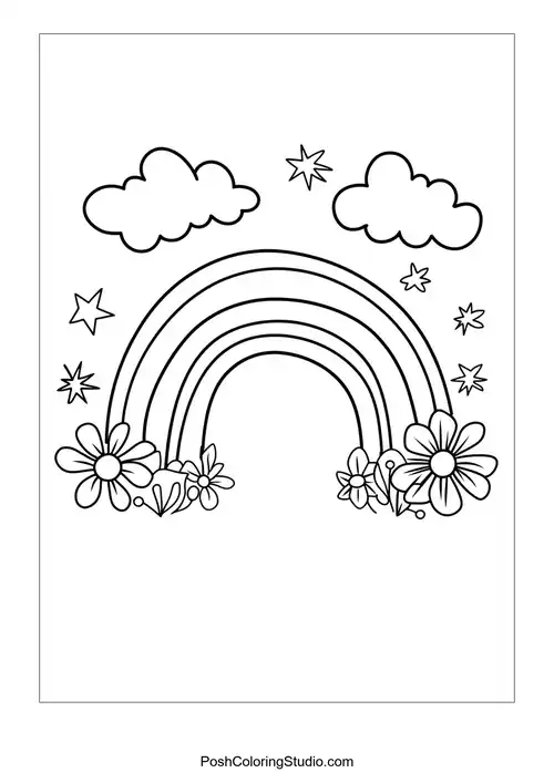 A rainbow with flowers and clouds on either side.