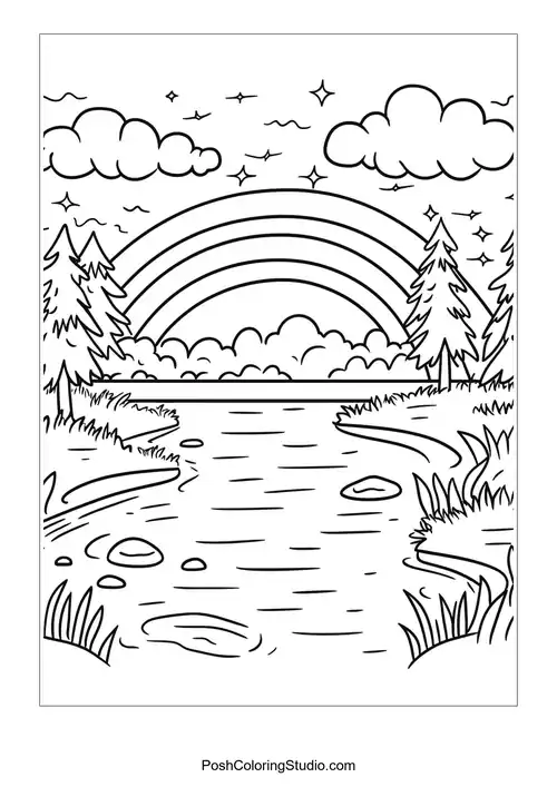 A landscape featuring a rainbow over a river and trees.