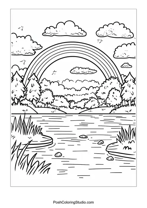 A rainbow arching over a river and forested area.