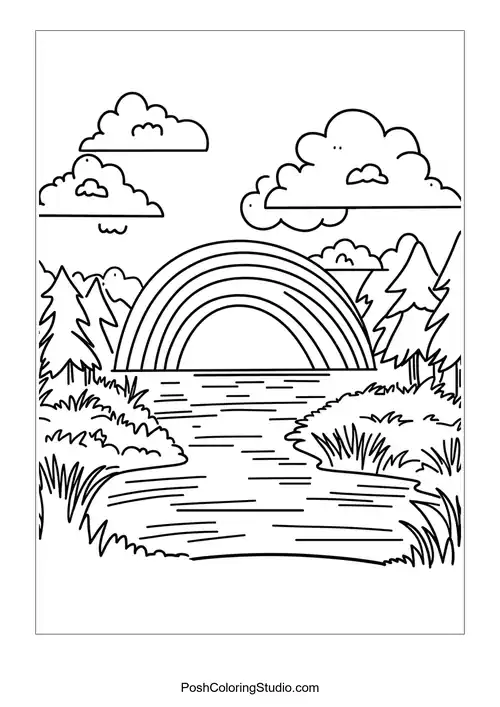 A rainbow above a river with trees and clouds.