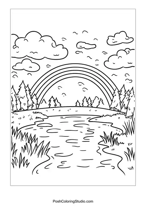 A rainbow over a river with grassy banks and trees.