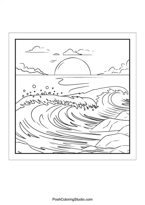 Waves crashing against rocks under a sunset.