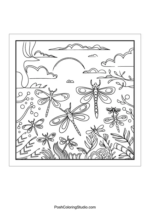 Dragonflies flying over a serene landscape.
