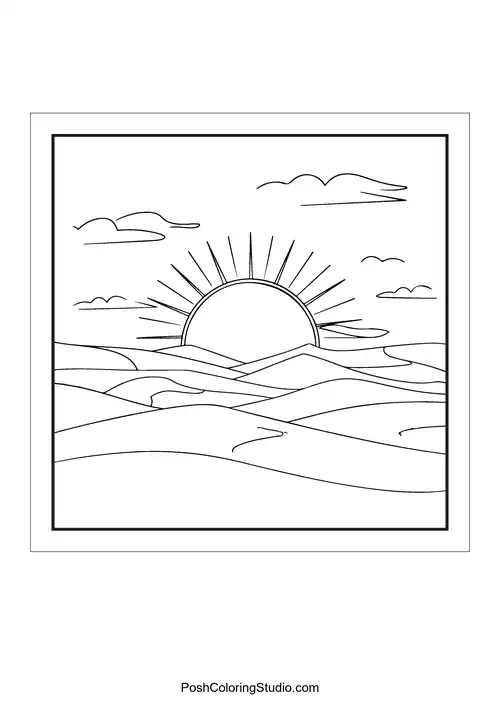 A sun setting over rolling hills and clouds.