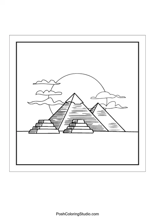 Pyramids silhouetted against a sunset.