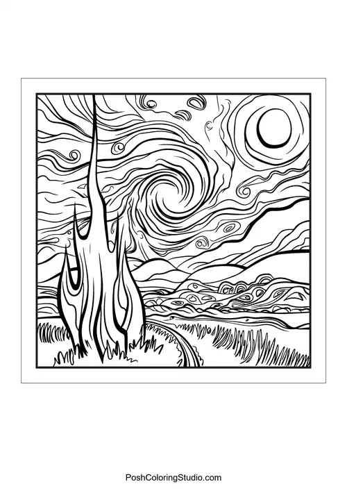 A swirling landscape under a starry sky.