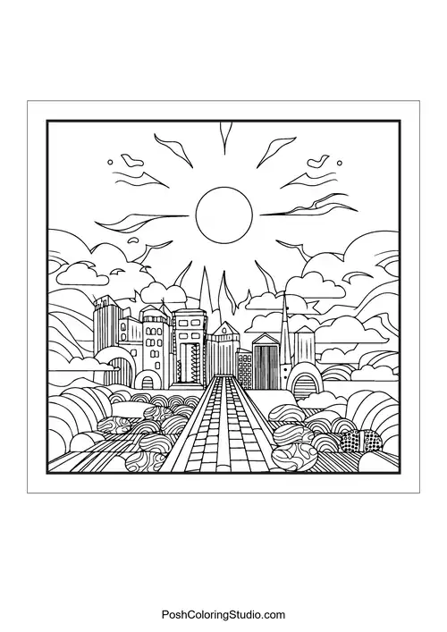 A city skyline with a large sun and swirling clouds.