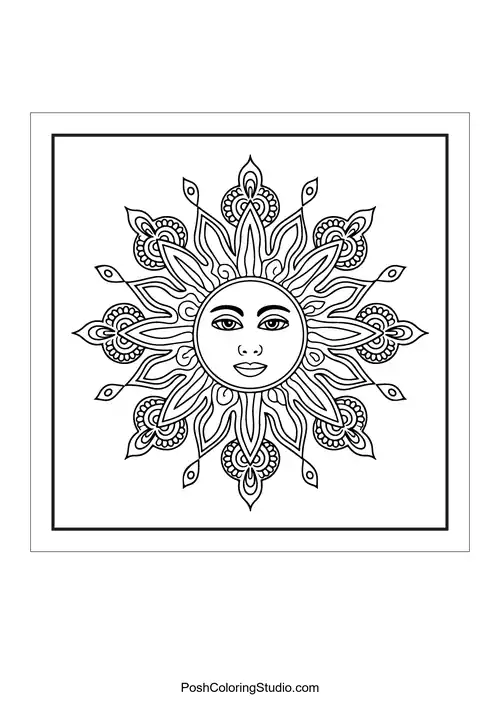 A decorative sun with intricate patterns and a face.