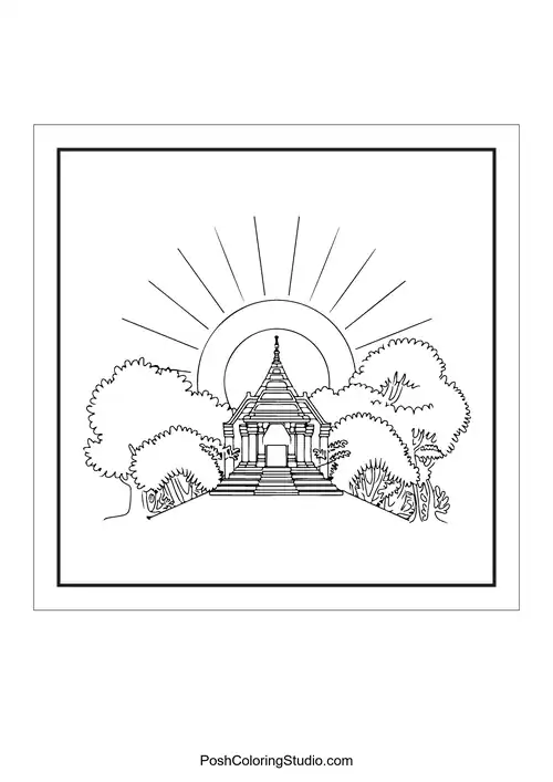 A temple silhouette with rays of sunlight and trees.