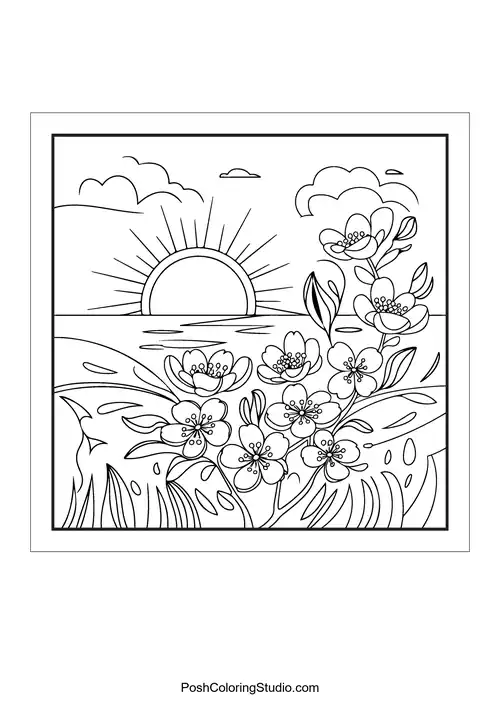 A sun setting over a field of flowers and water.