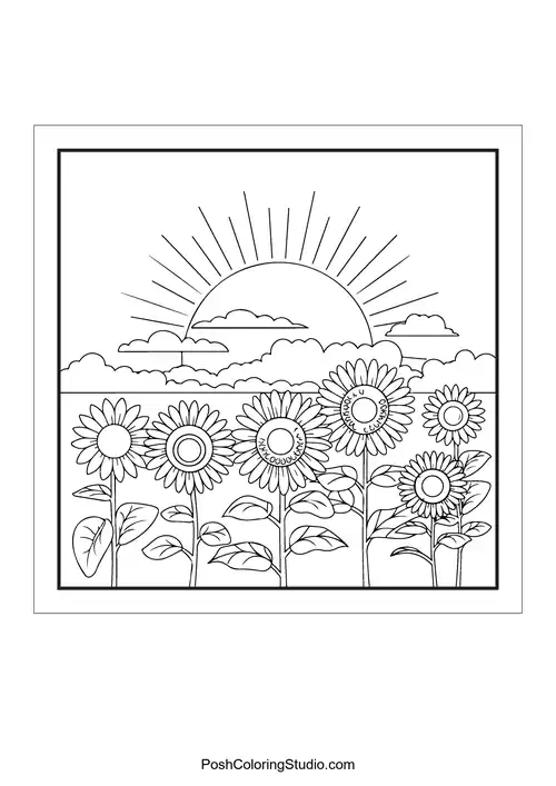 A row of sunflowers facing a rising sun.