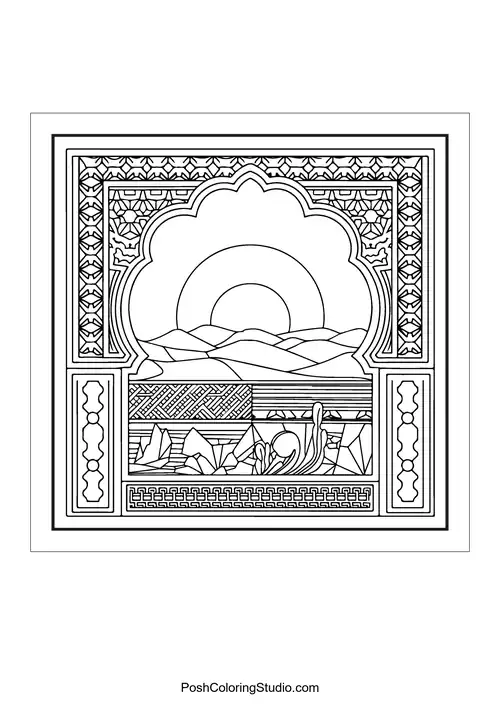 An ornate frame with mountains and a sun.