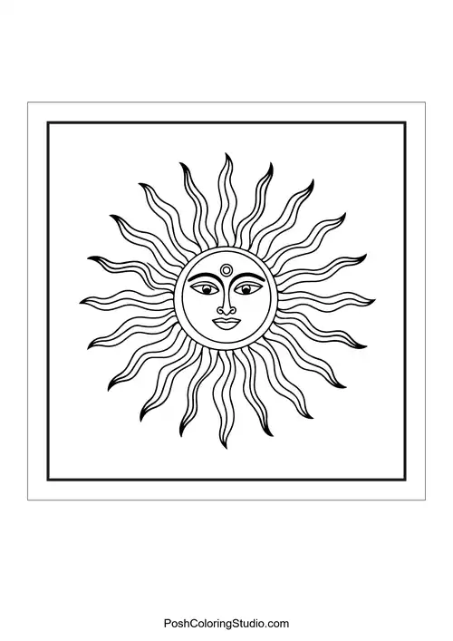 A stylized sun with wavy rays and a face.