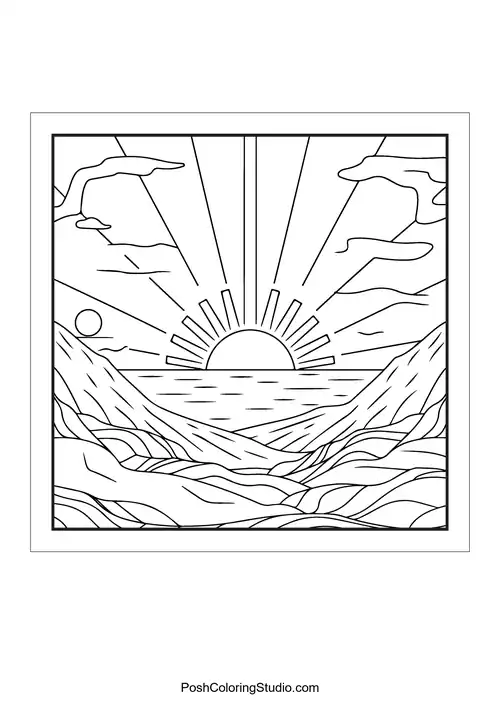 A landscape with mountains and a rising sun.