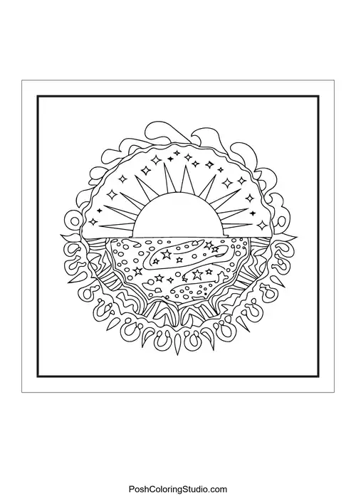 A sun setting over a wavy ocean with decorative elements.