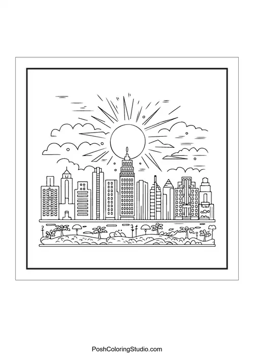 A city skyline with a large sun and rays.