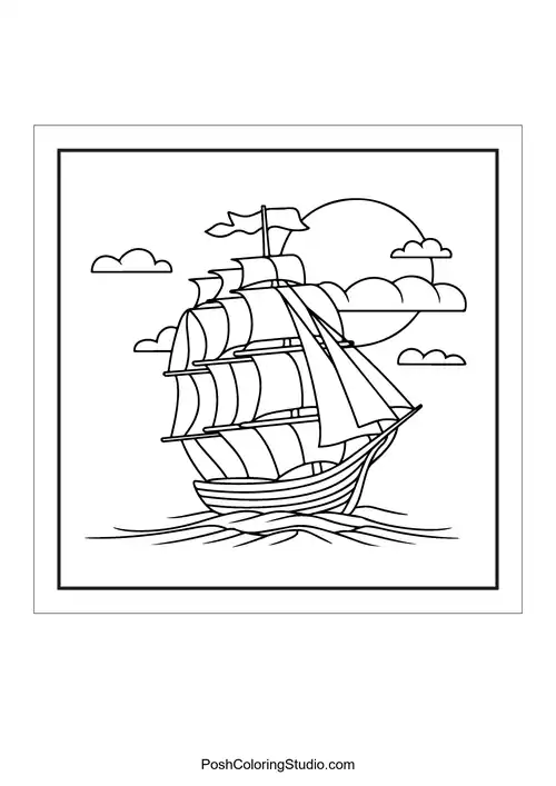 A sailing ship against a backdrop of the sun.