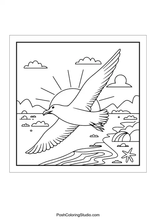 A bird flying over a landscape with a sun.
