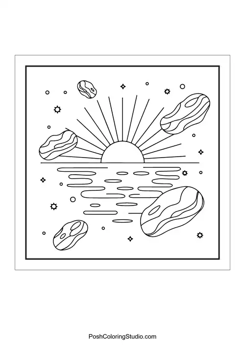 A sun setting over a calm sea with asteroids.